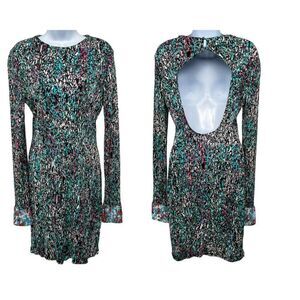 Saloni Open Back Long Sleeve Jersey Bodycon Beaded Colorful Abstract Mini Dress